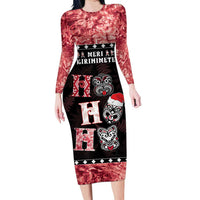 Personalised New Zealand Tiki Christmas Long Sleeve Bodycon Dress Ho Ho Ho Paua Shell Glitter Red LT05 Long Dress Black - Polynesian Pride