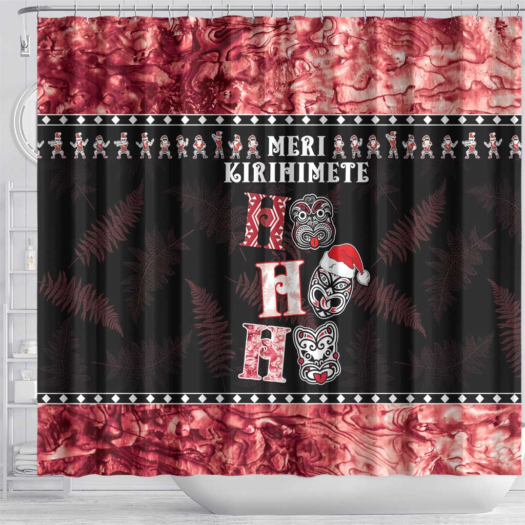 New Zealand Tiki Christmas Shower Curtain Ho Ho Ho Paua Shell Glitter Red