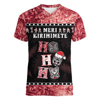 Personalised New Zealand Tiki Christmas Women V-Neck T-Shirt Ho Ho Ho Paua Shell Glitter Red
