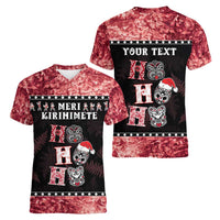 Personalised New Zealand Tiki Christmas Women V-Neck T-Shirt Ho Ho Ho Paua Shell Glitter Red