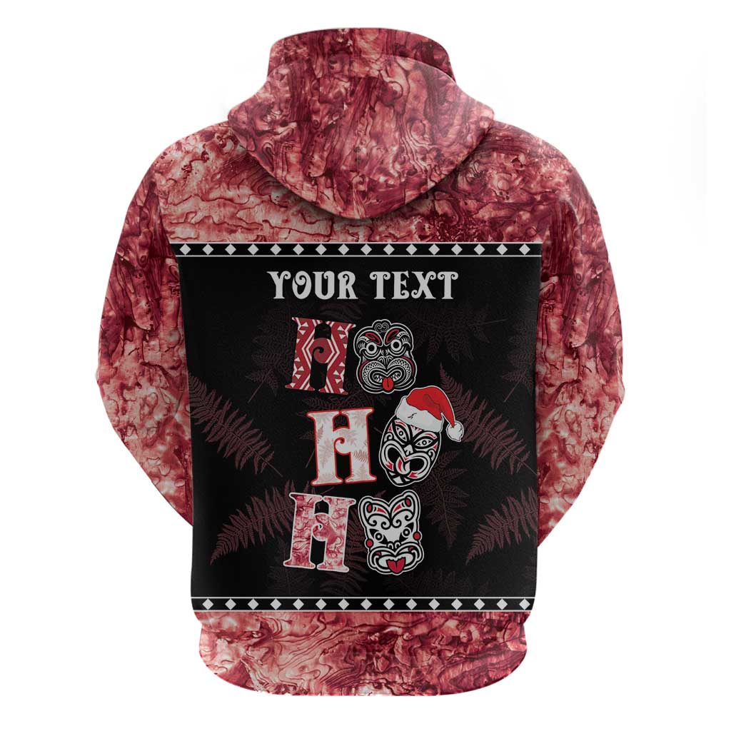 Personalised New Zealand Tiki Christmas Zip Hoodie Ho Ho Ho Paua Shell Glitter Red