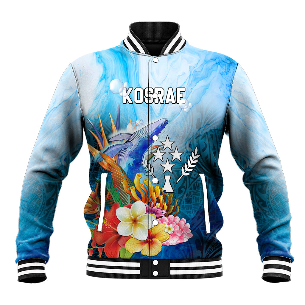 Personalised Kosrae Constitution Day Baseball Jacket Humpback Whale Tropical Flowers LT05 Unisex Blue - Polynesian Pride