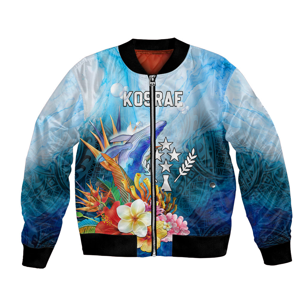 Personalised Kosrae Constitution Day Bomber Jacket Humpback Whale Tropical Flowers LT05 Unisex Blue - Polynesian Pride