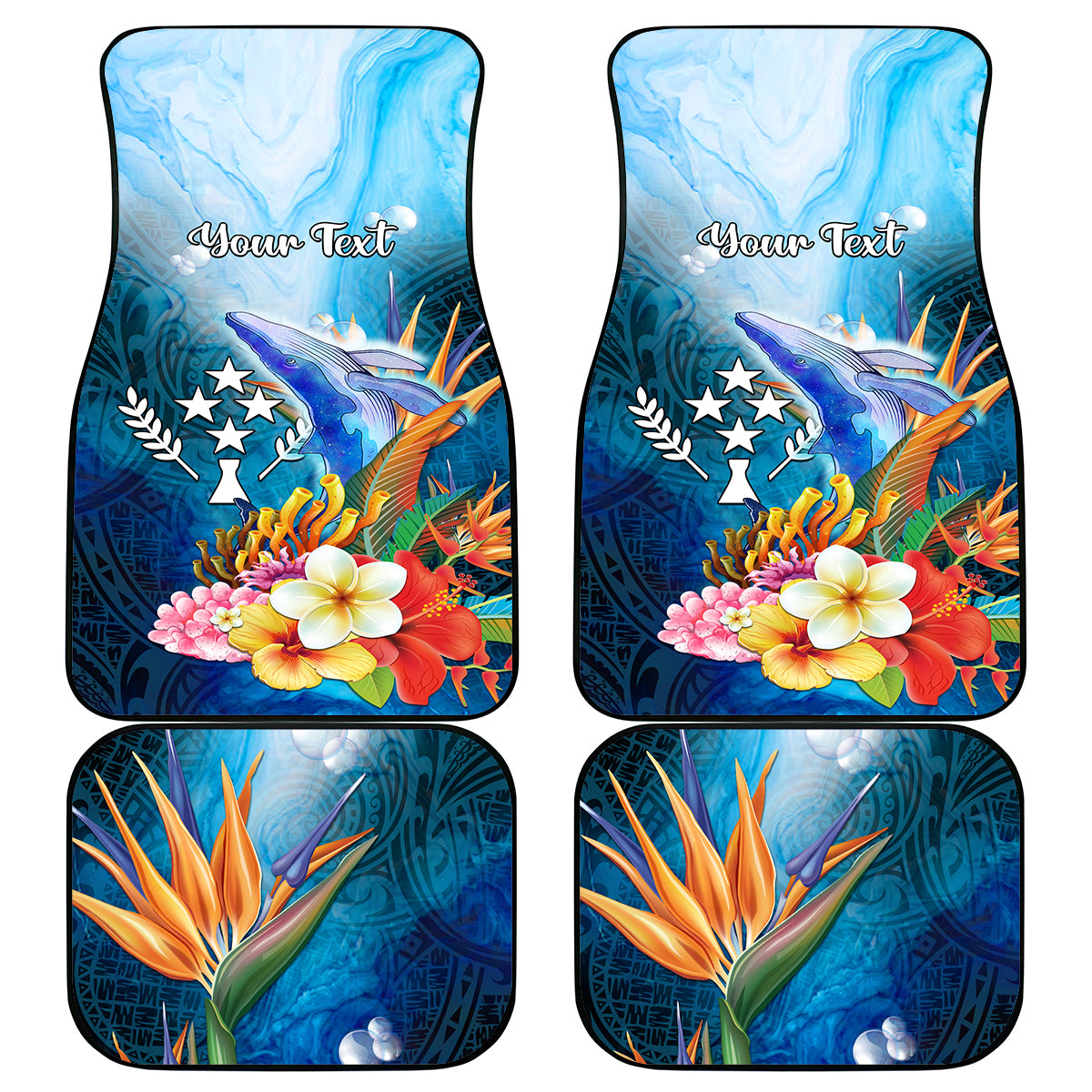 Personalised Kosrae Constitution Day Car Mats Humpback Whale Tropical Flowers LT05 Blue - Polynesian Pride