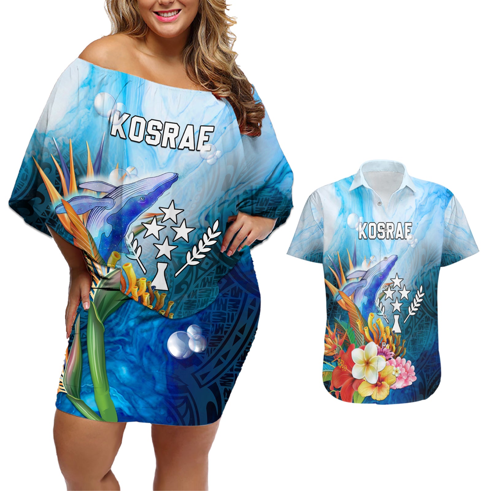 Personalised Kosrae Constitution Day Couples Matching Off Shoulder Short Dress and Hawaiian Shirt Humpback Whale Tropical Flowers LT05 Blue - Polynesian Pride