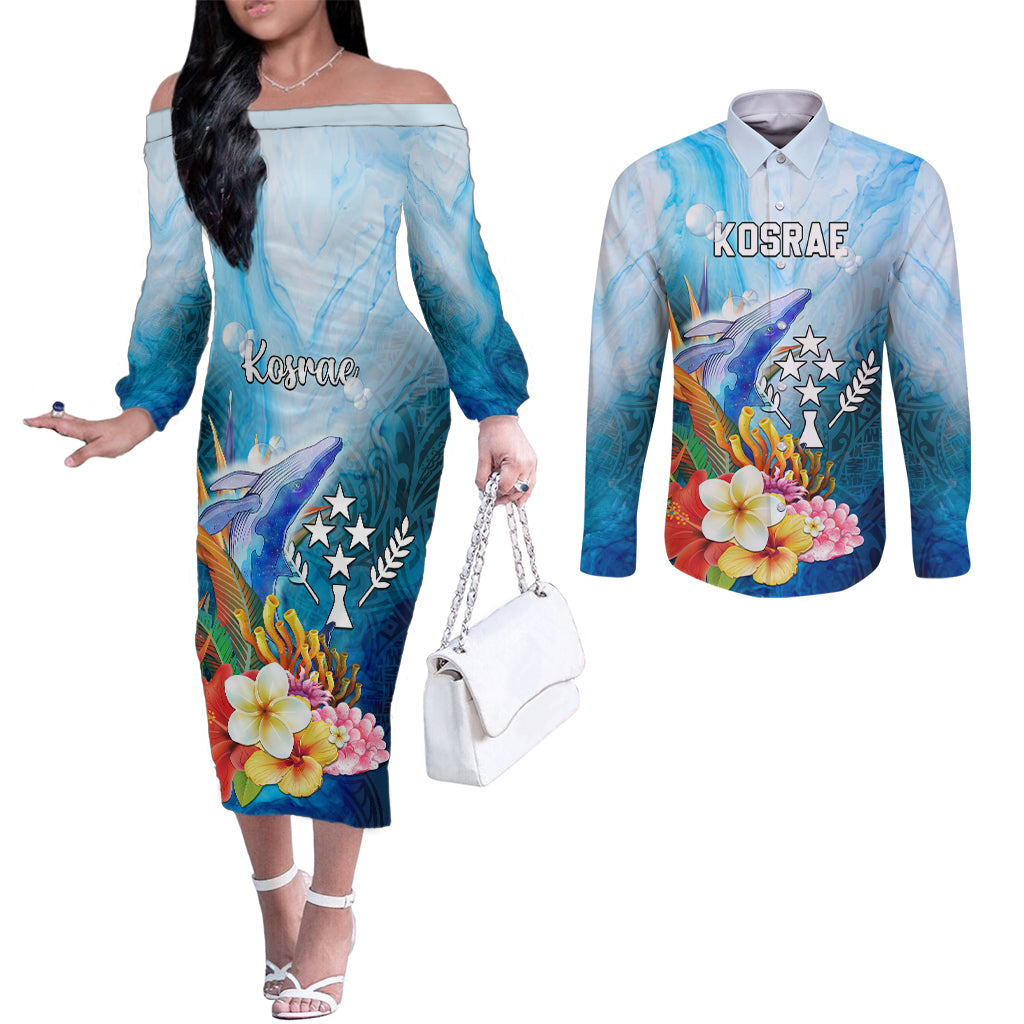 Personalised Kosrae Constitution Day Couples Matching Off The Shoulder Long Sleeve Dress and Long Sleeve Button Shirt Humpback Whale Tropical Flowers LT05 Blue - Polynesian Pride