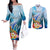 Personalised Kosrae Constitution Day Couples Matching Off The Shoulder Long Sleeve Dress and Long Sleeve Button Shirt Humpback Whale Tropical Flowers LT05 Blue - Polynesian Pride