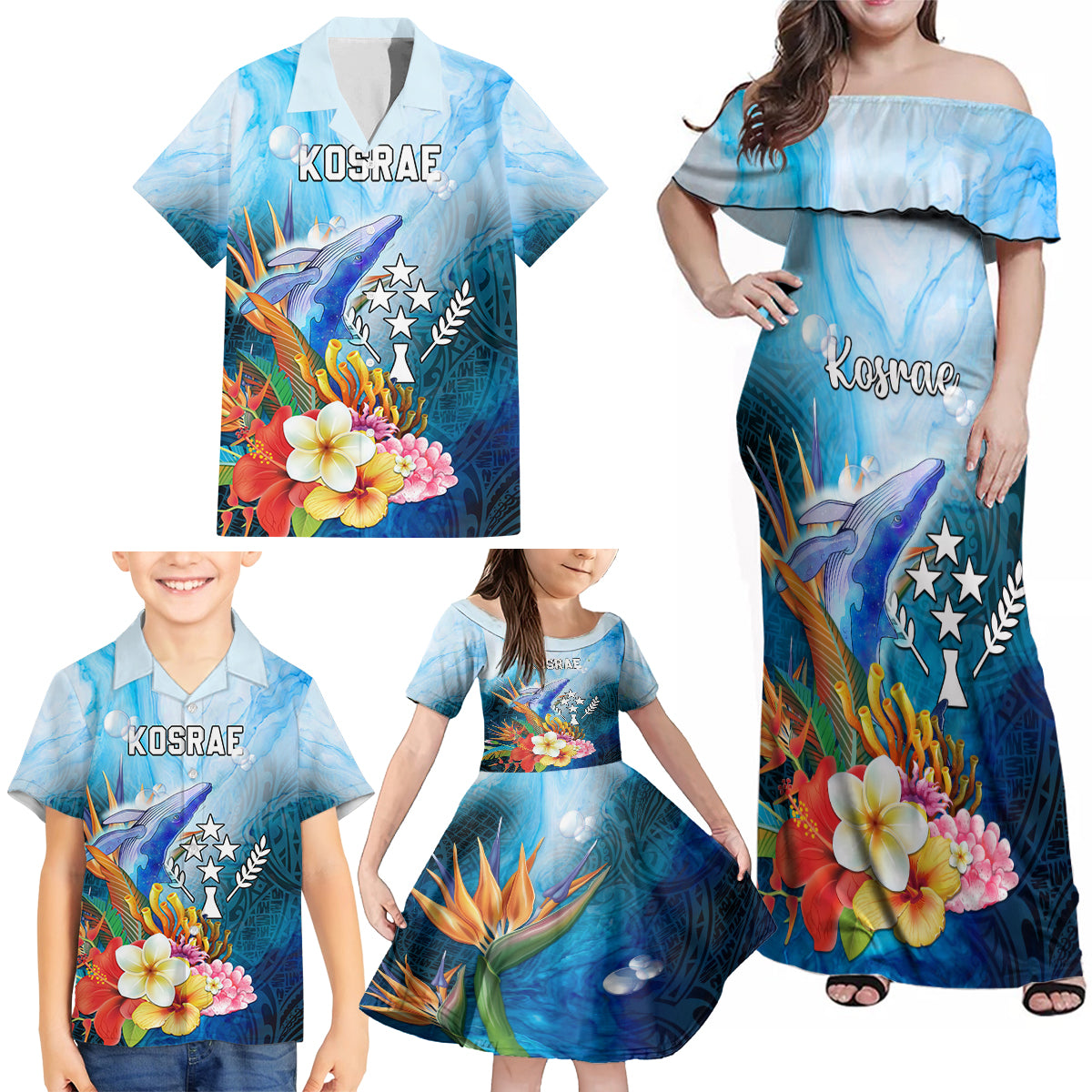 Personalised Kosrae Constitution Day Family Matching Off Shoulder Maxi Dress and Hawaiian Shirt Humpback Whale Tropical Flowers LT05 - Polynesian Pride