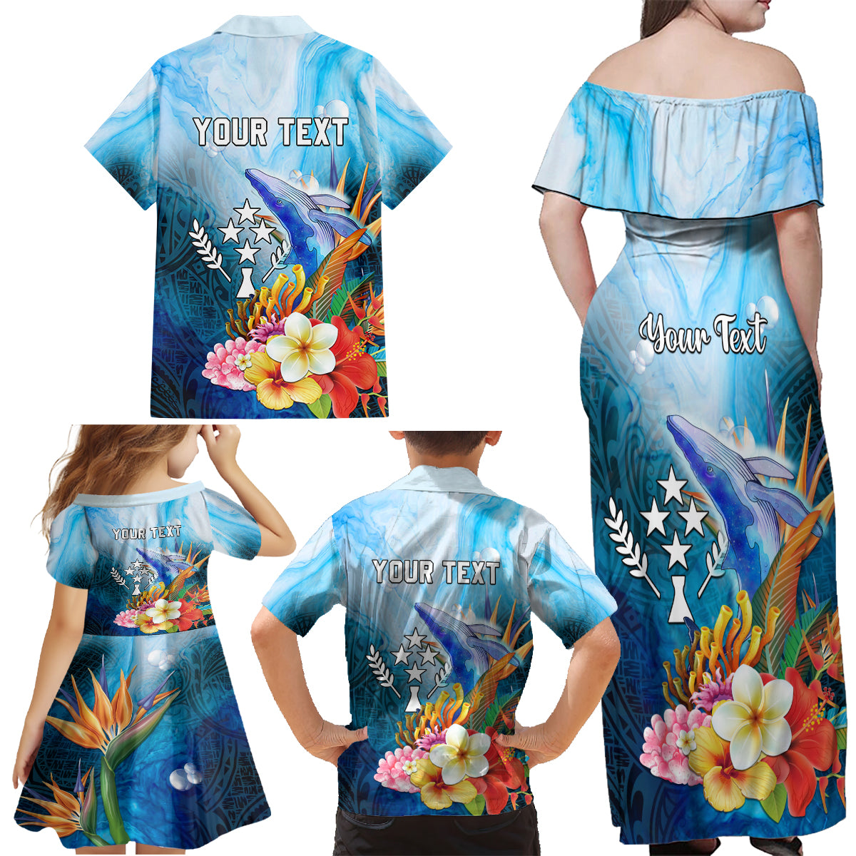 Personalised Kosrae Constitution Day Family Matching Off Shoulder Maxi Dress and Hawaiian Shirt Humpback Whale Tropical Flowers LT05 - Polynesian Pride