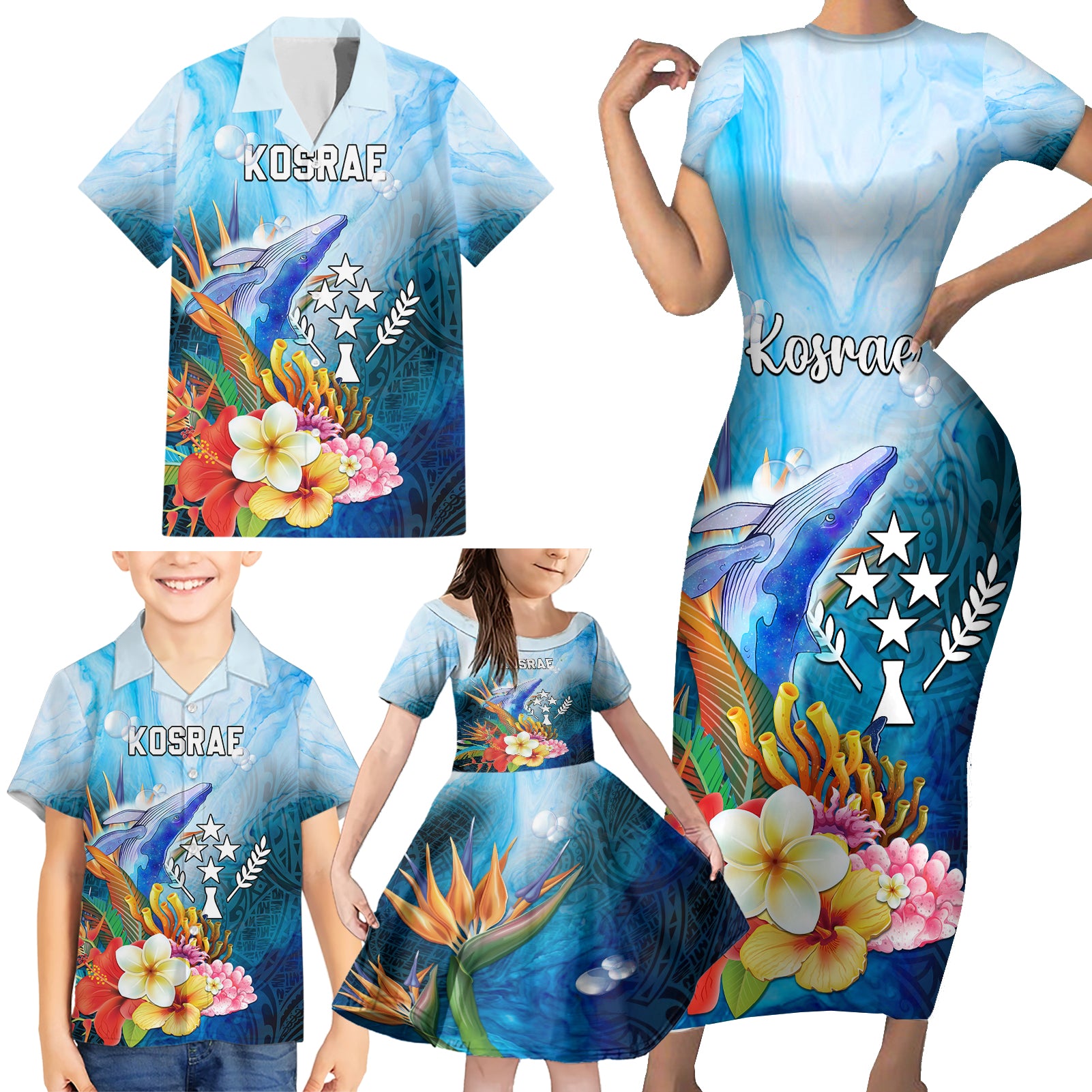 Personalised Kosrae Constitution Day Family Matching Short Sleeve Bodycon Dress and Hawaiian Shirt Humpback Whale Tropical Flowers LT05 - Polynesian Pride