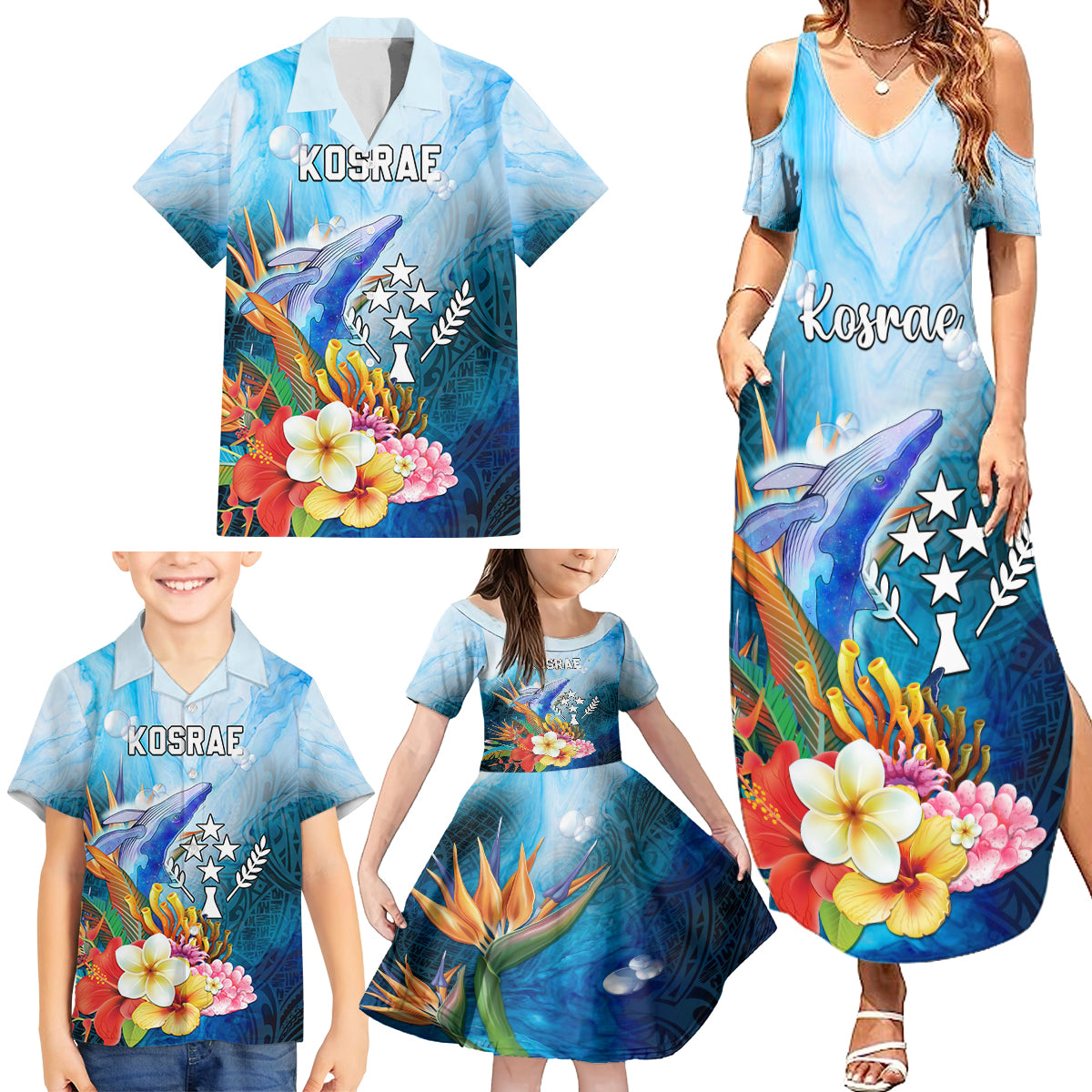 Personalised Kosrae Constitution Day Family Matching Summer Maxi Dress and Hawaiian Shirt Humpback Whale Tropical Flowers LT05 - Polynesian Pride