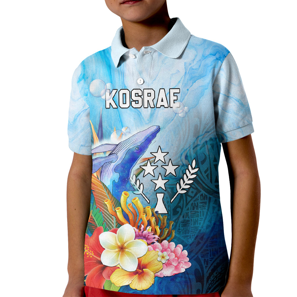 Personalised Kosrae Constitution Day Kid Polo Shirt Humpback Whale Tropical Flowers LT05 Kid Blue - Polynesian Pride