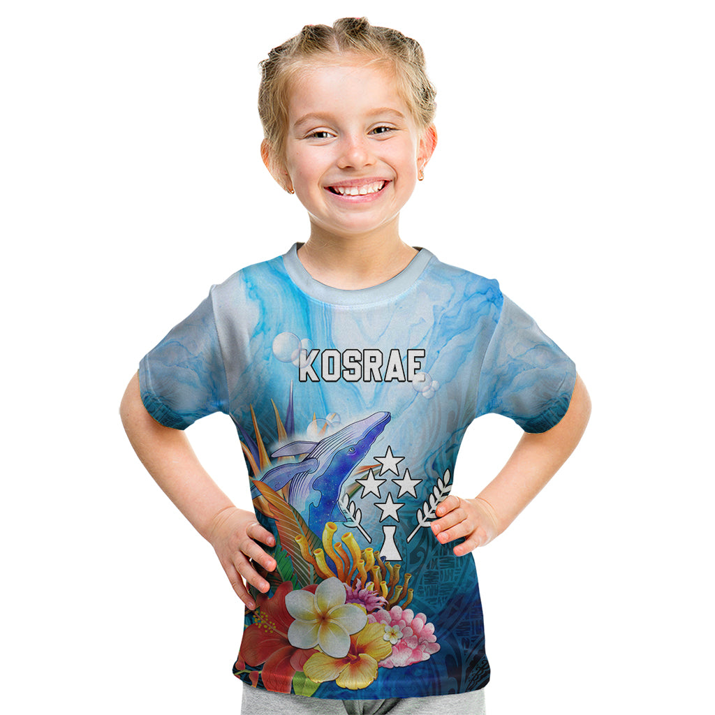 Personalised Kosrae Constitution Day Kid T Shirt Humpback Whale Tropical Flowers LT05 Blue - Polynesian Pride