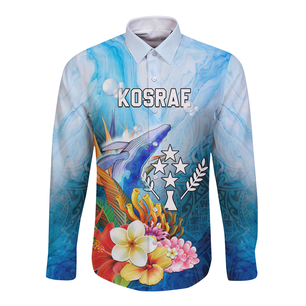 Personalised Kosrae Constitution Day Long Sleeve Button Shirt Humpback Whale Tropical Flowers LT05 Unisex Blue - Polynesian Pride