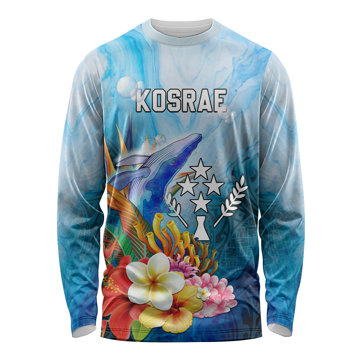 Personalised Kosrae Constitution Day Long Sleeve Shirt Humpback Whale Tropical Flowers LT05 Unisex Blue - Polynesian Pride