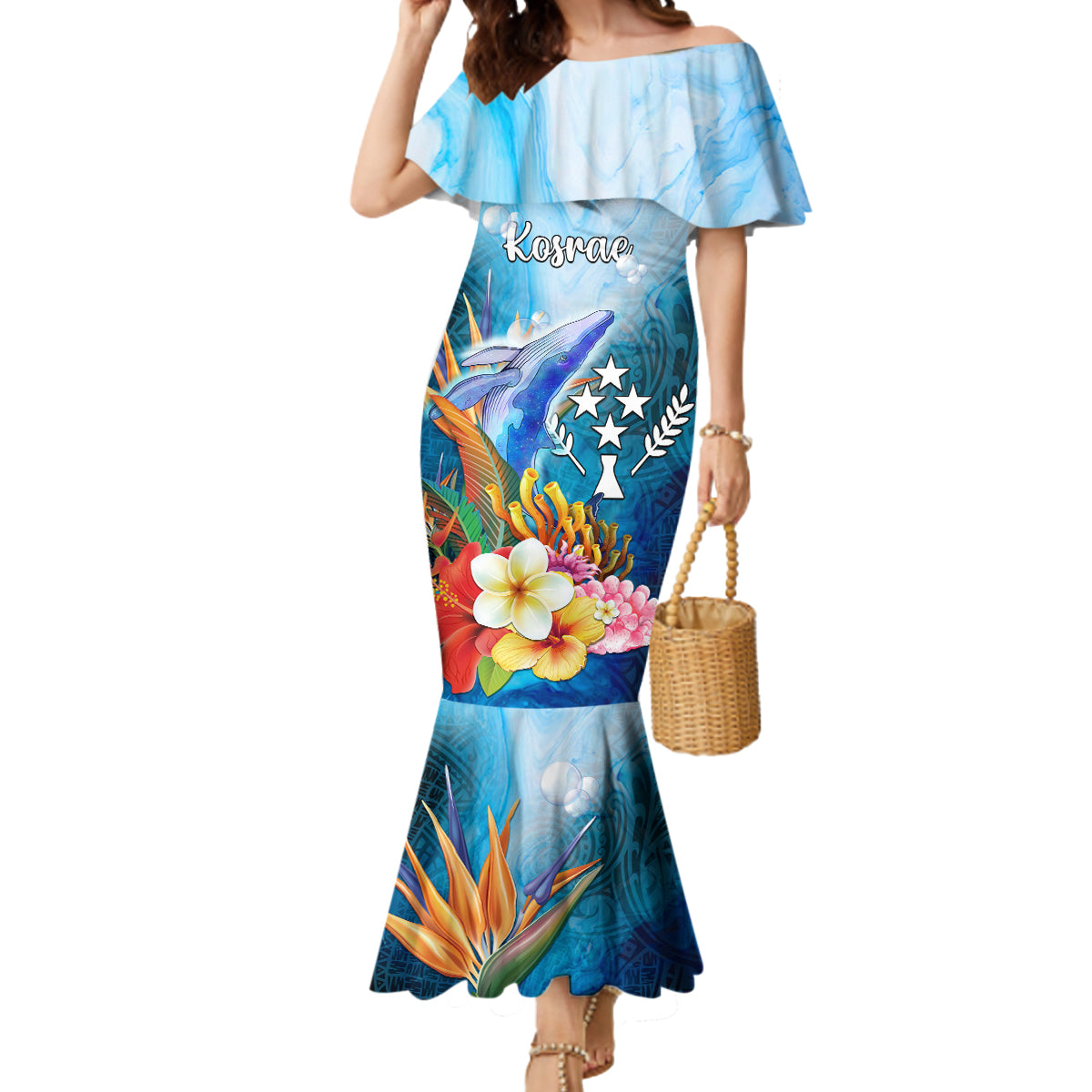 Personalised Kosrae Constitution Day Mermaid Dress Humpback Whale Tropical Flowers LT05 Women Blue - Polynesian Pride