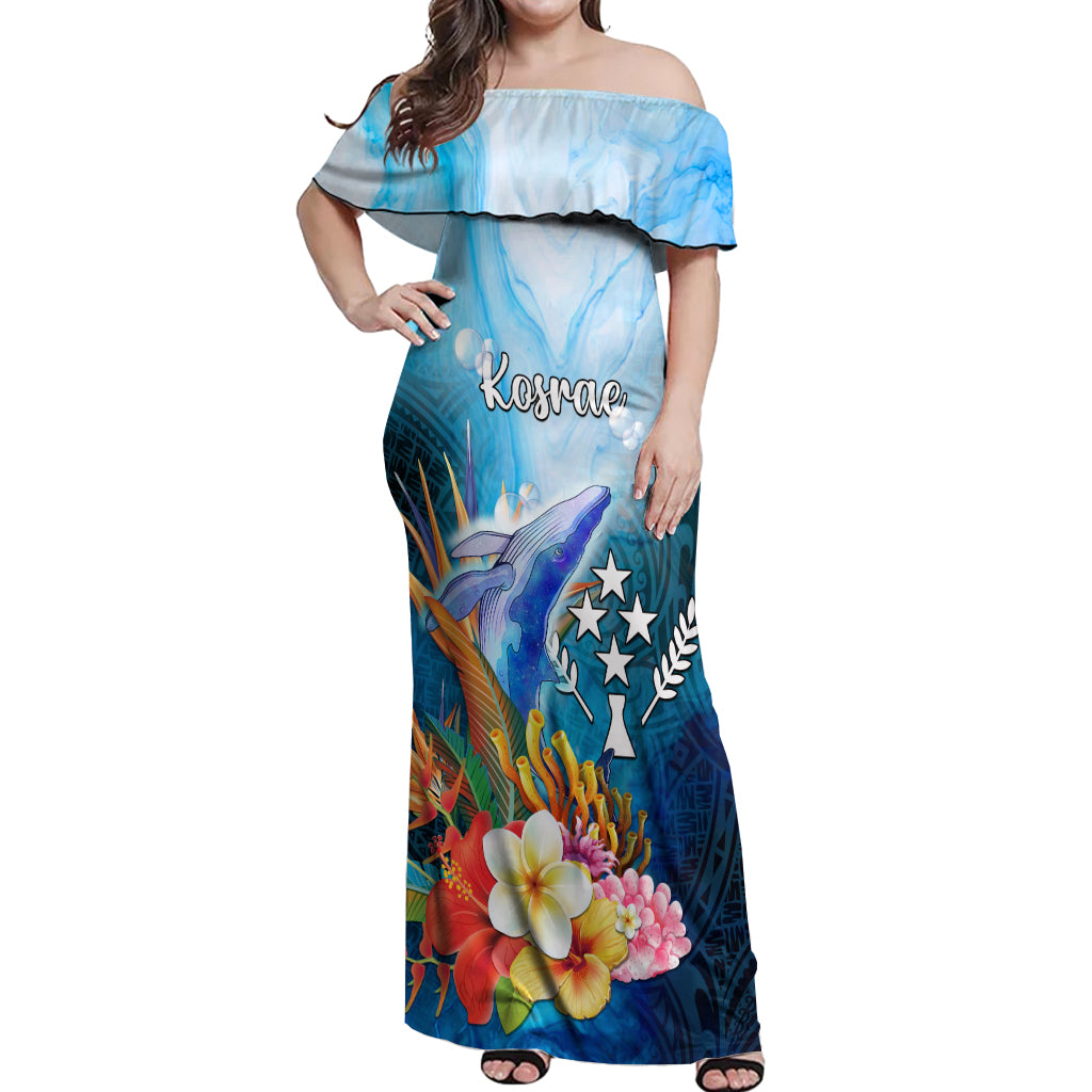 Personalised Kosrae Constitution Day Off Shoulder Maxi Dress Humpback Whale Tropical Flowers LT05 Women Blue - Polynesian Pride