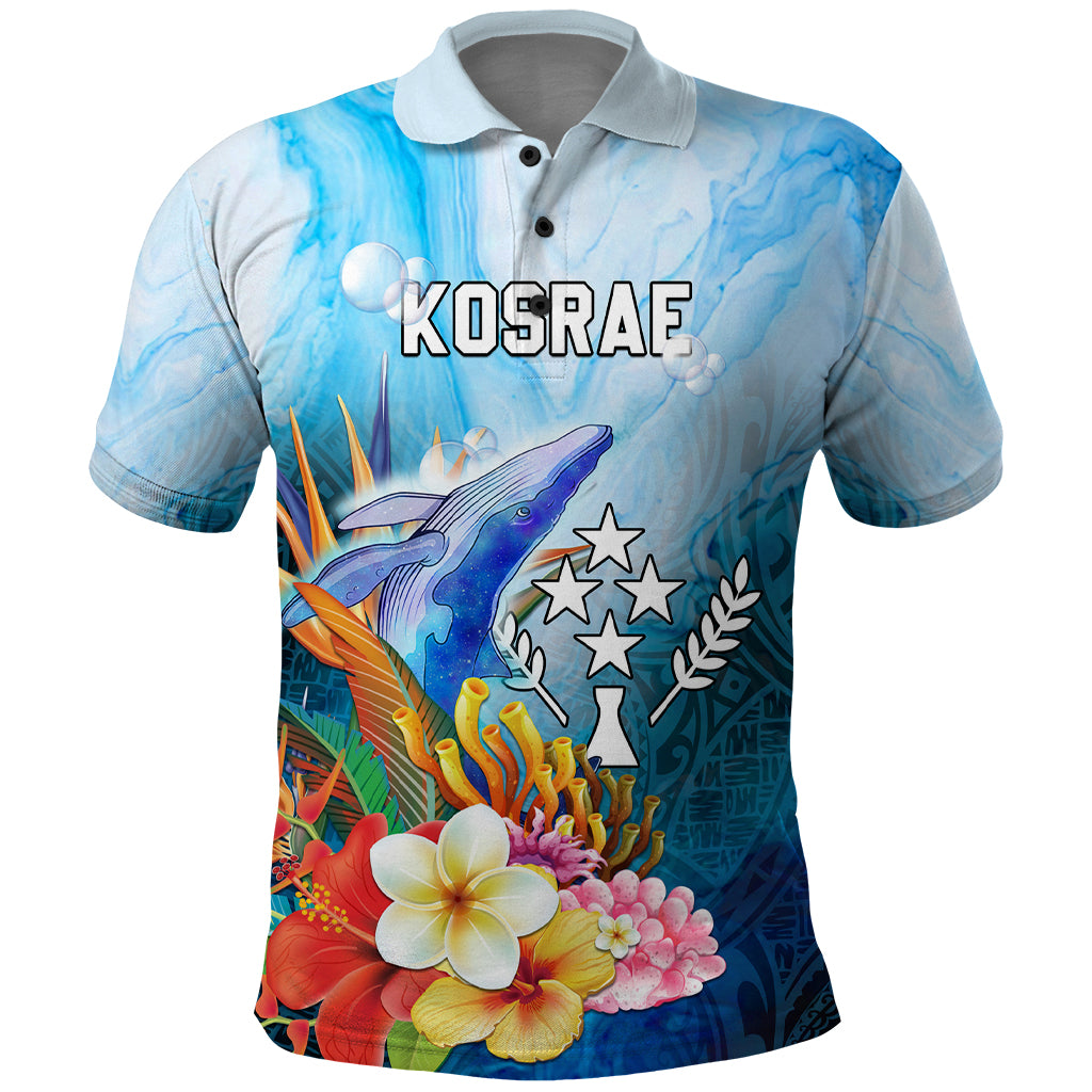 Personalised Kosrae Constitution Day Polo Shirt Humpback Whale Tropical Flowers LT05 Blue - Polynesian Pride