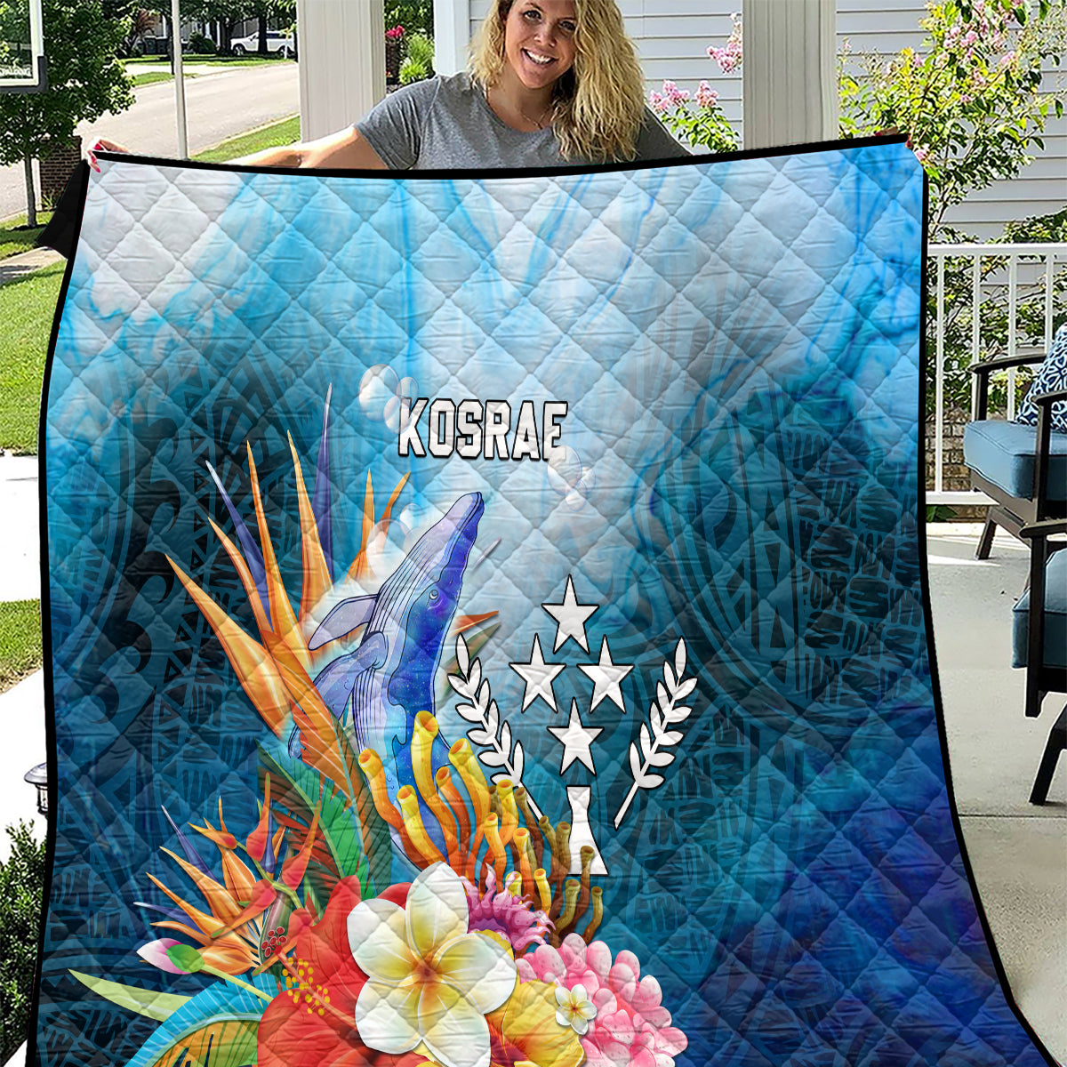 Kosrae Constitution Day Quilt Humpback Whale Tropical Flowers LT05 Blue - Polynesian Pride