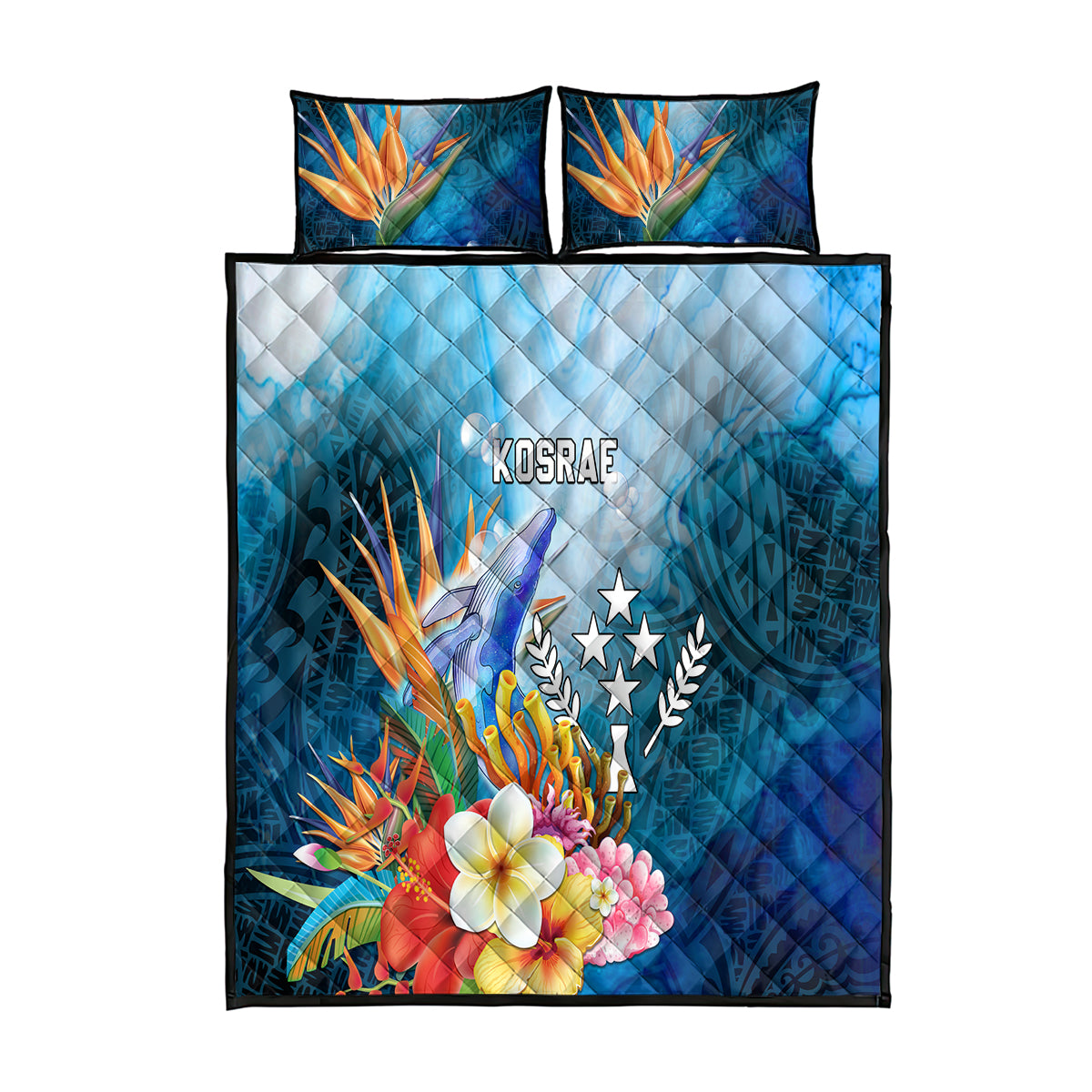 Kosrae Constitution Day Quilt Bed Set Humpback Whale Tropical Flowers LT05 Blue - Polynesian Pride