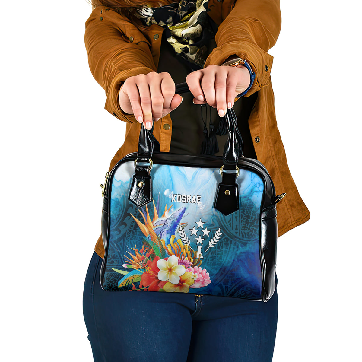 Kosrae Constitution Day Shoulder Handbag Humpback Whale Tropical Flowers LT05 One Size Blue - Polynesian Pride