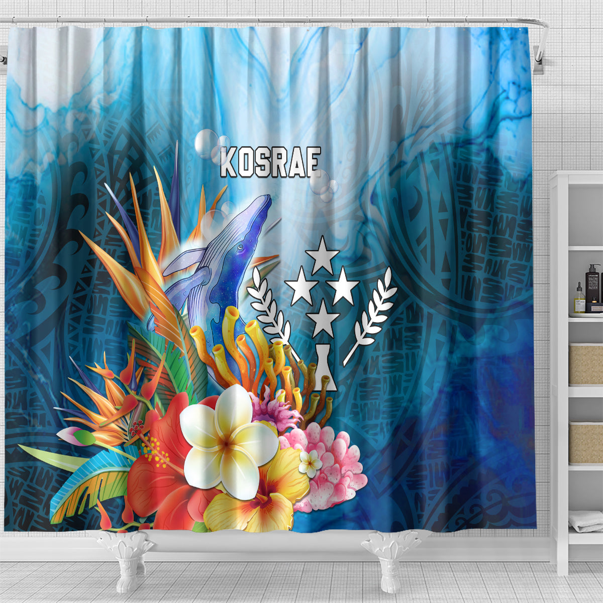 Kosrae Constitution Day Shower Curtain Humpback Whale Tropical Flowers LT05 - Polynesian Pride