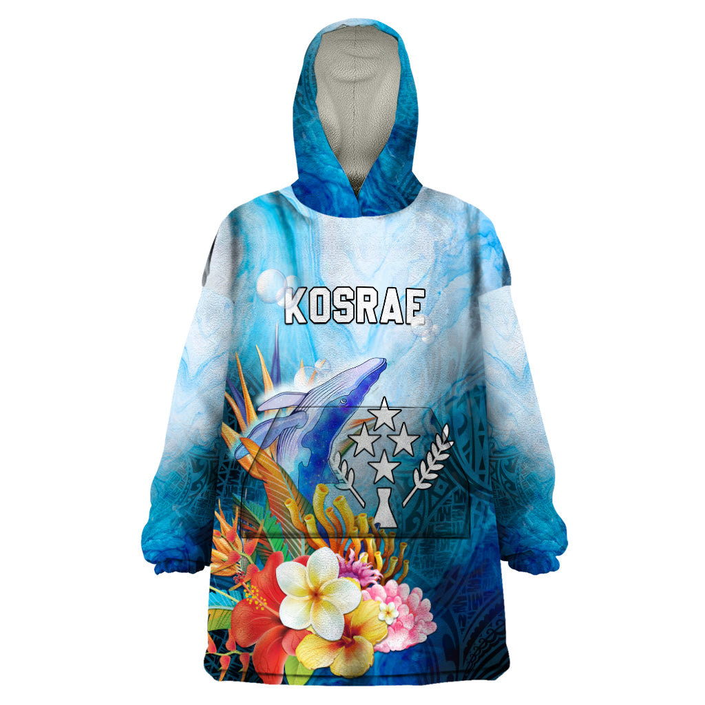 Personalised Kosrae Constitution Day Wearable Blanket Hoodie Humpback Whale Tropical Flowers LT05 One Size Blue - Polynesian Pride