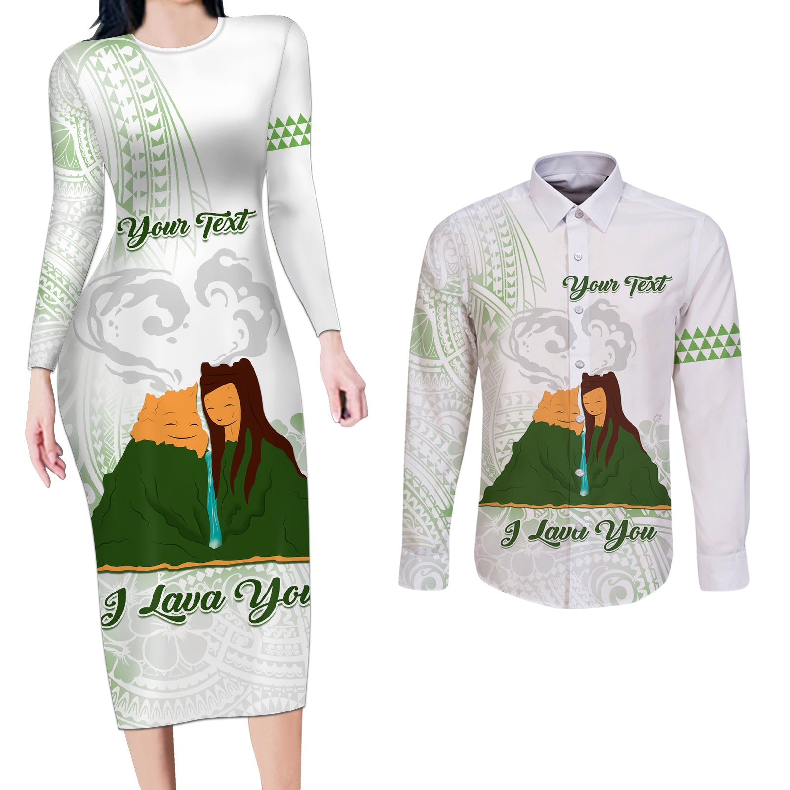 Personalised I LAVA YOU Volcano Valentine Couples Matching Long Sleeve Bodycon Dress and Long Sleeve Button Shirt Polynesian Tribal Pattern LT05 White - Polynesian Pride