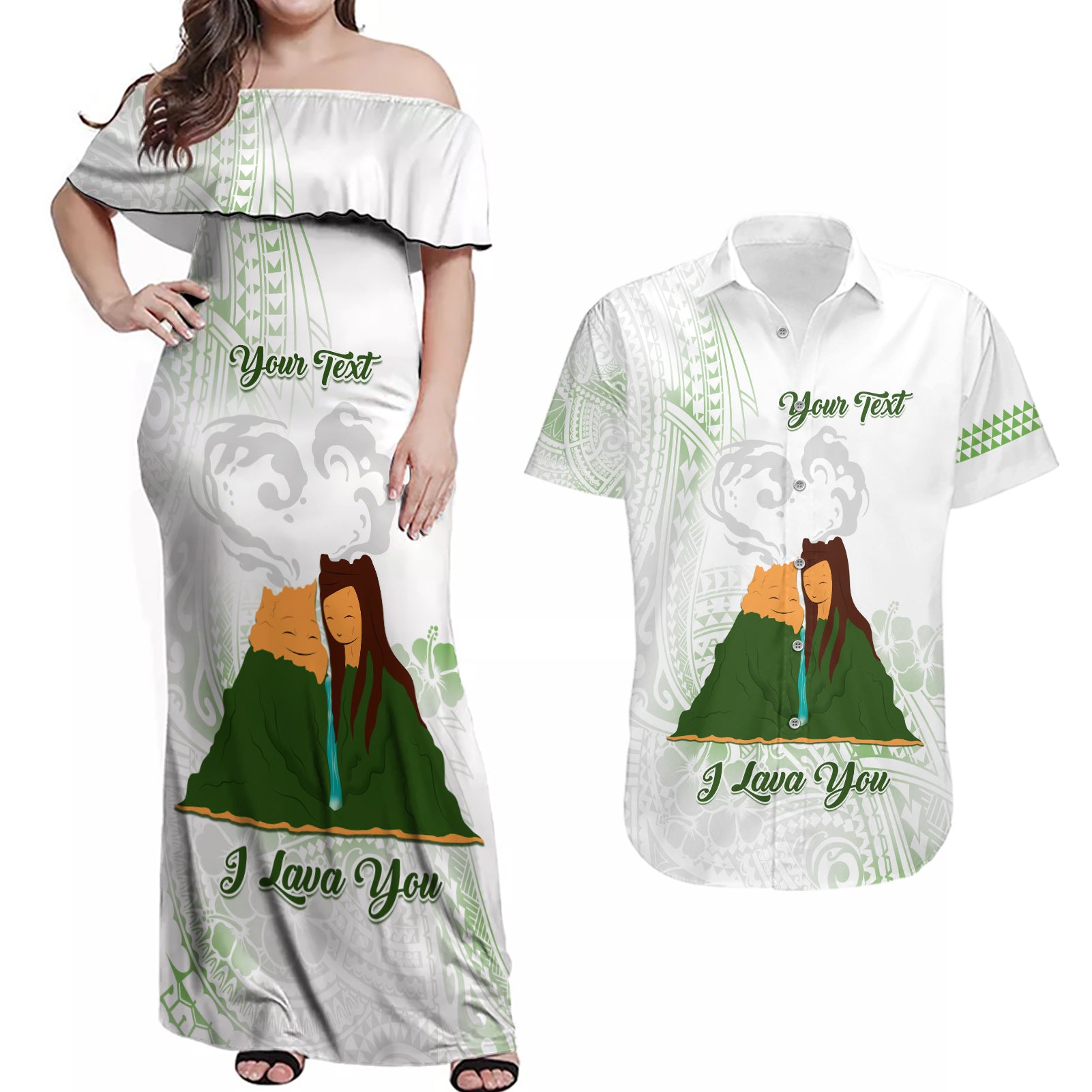 Personalised I LAVA YOU Volcano Valentine Couples Matching Off Shoulder Maxi Dress and Hawaiian Shirt Polynesian Tribal Pattern LT05 White - Polynesian Pride