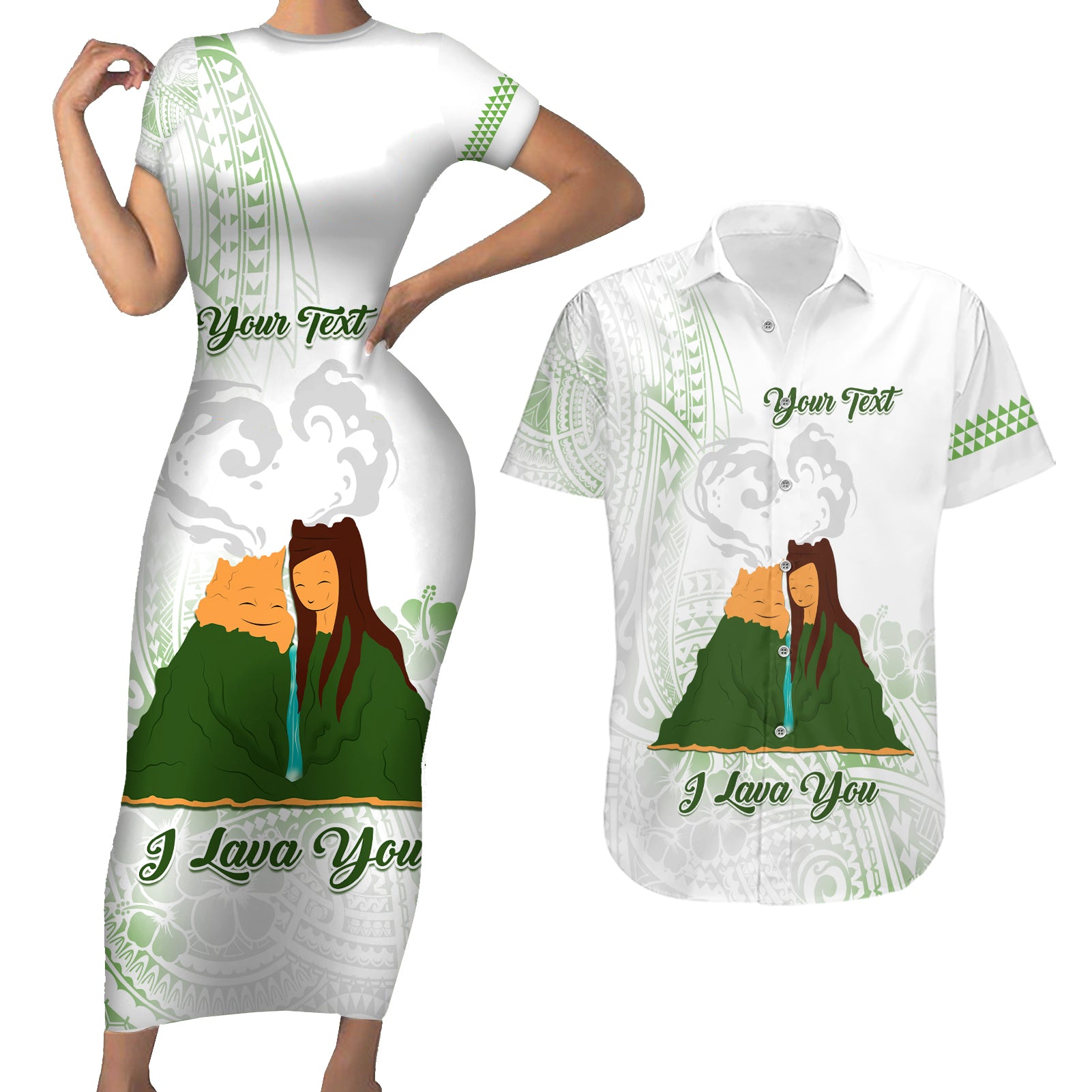 Personalised I LAVA YOU Volcano Valentine Couples Matching Short Sleeve Bodycon Dress and Hawaiian Shirt Polynesian Tribal Pattern LT05 White - Polynesian Pride