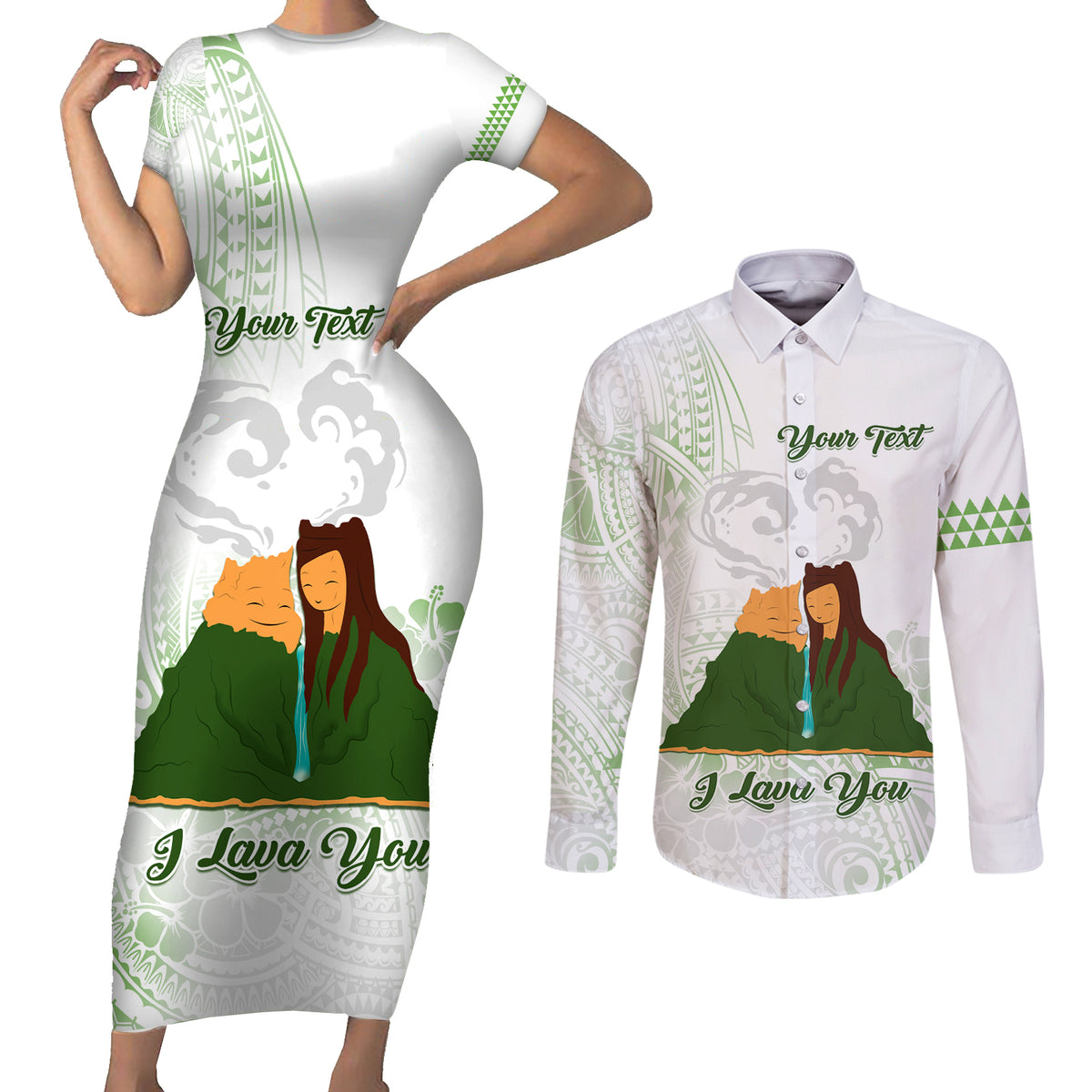 Personalised I LAVA YOU Volcano Valentine Couples Matching Short Sleeve Bodycon Dress and Long Sleeve Button Shirt Polynesian Tribal Pattern LT05 White - Polynesian Pride
