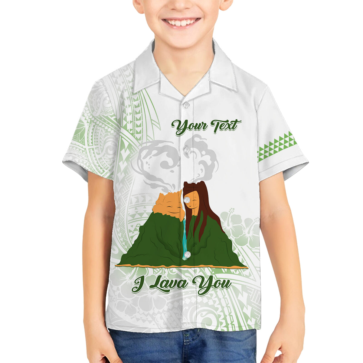Personalised I LAVA YOU Volcano Valentine Family Matching Tank Maxi Dress and Hawaiian Shirt Polynesian Tribal Pattern LT05 Son's Shirt White - Polynesian Pride