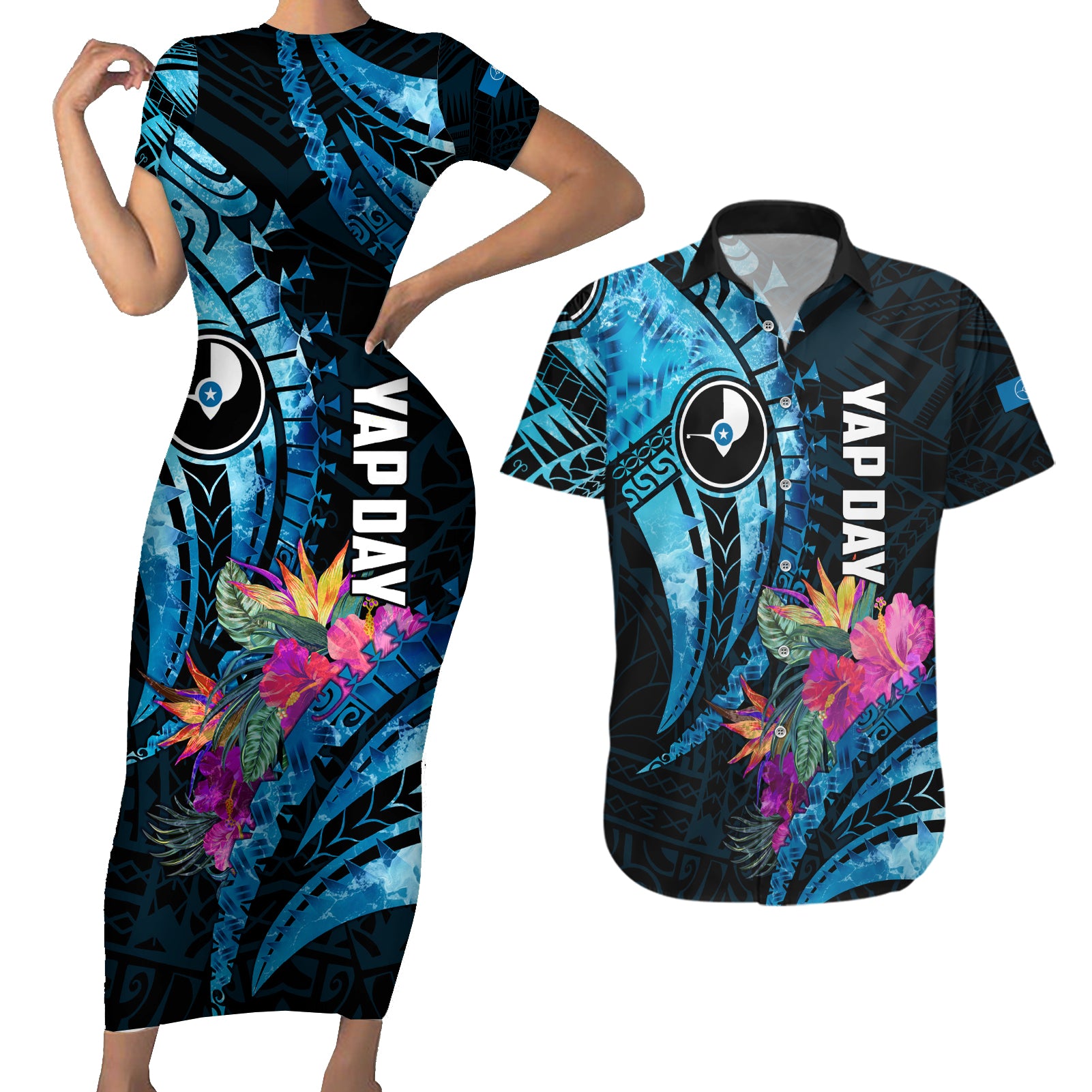 Personalised FSM Yap State Day Couples Matching Short Sleeve Bodycon Dress and Hawaiian Shirt Tropical Flowers Tribal Pattern LT05 Blue - Polynesian Pride