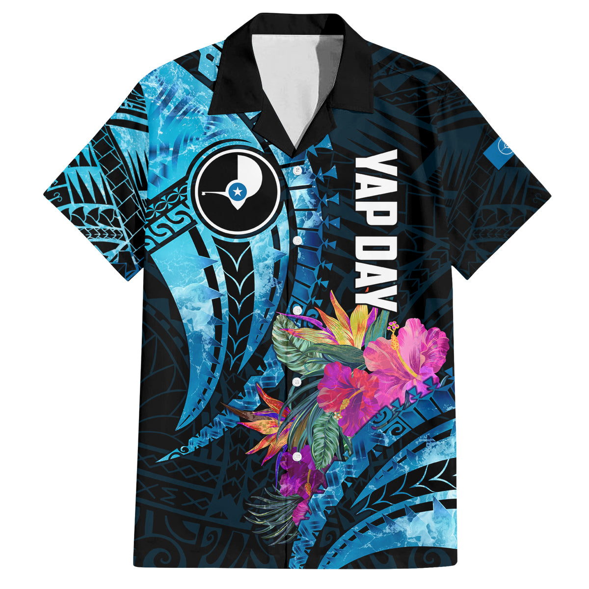 Personalised FSM Yap State Day Family Matching Long Sleeve Bodycon Dress and Hawaiian Shirt Tropical Flowers Tribal Pattern LT05 Dad's Shirt - Short Sleeve Blue - Polynesian Pride