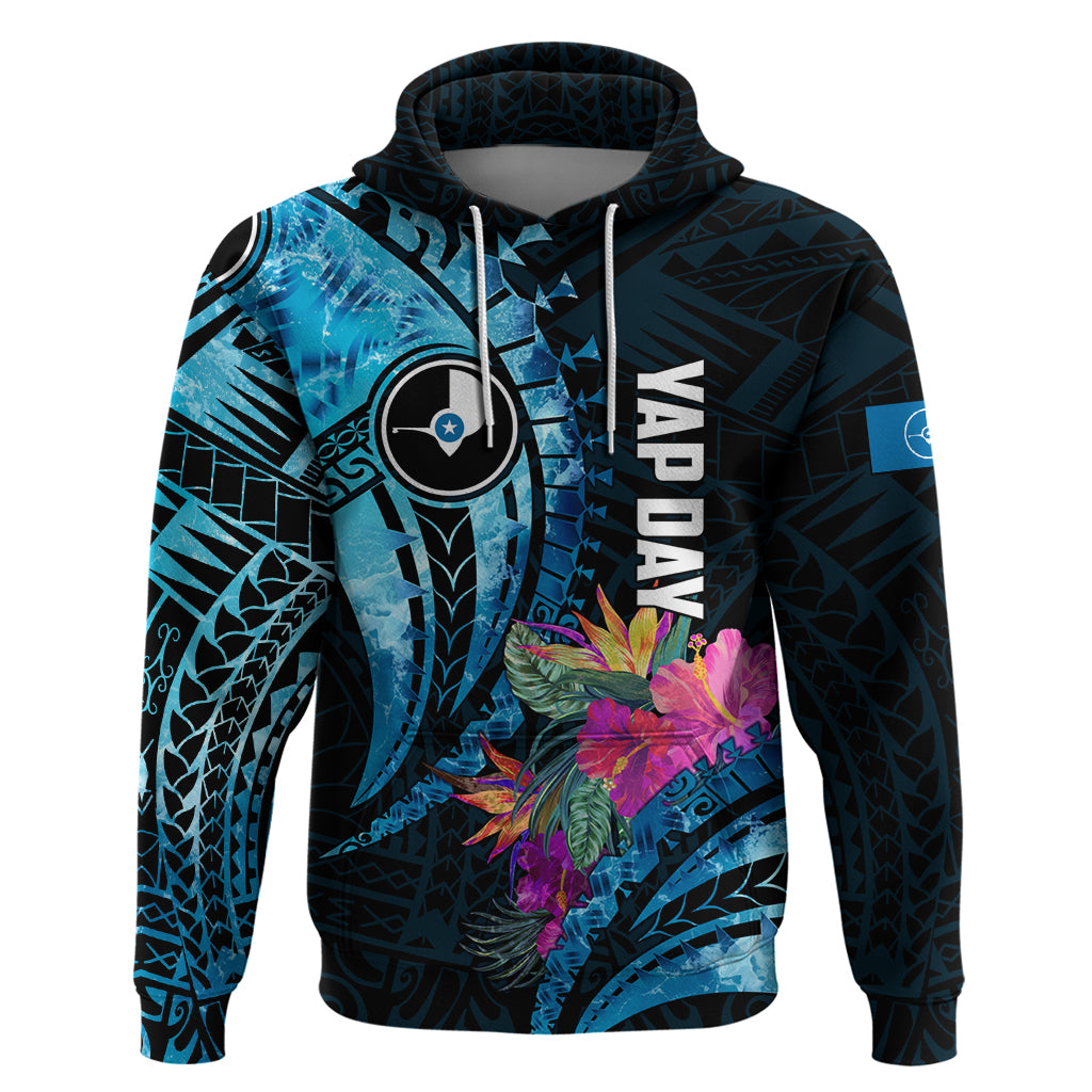 Personalised FSM Yap State Day Hoodie Tropical Flowers Tribal Pattern LT05 Pullover Hoodie Blue - Polynesian Pride