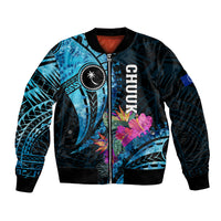 Personalised FSM Chuuk State Bomber Jacket Tropical Flowers Tribal Pattern LT05 Unisex Blue - Polynesian Pride
