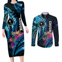 Personalised FSM Chuuk State Couples Matching Long Sleeve Bodycon Dress and Long Sleeve Button Shirt Tropical Flowers Tribal Pattern LT05 Blue - Polynesian Pride