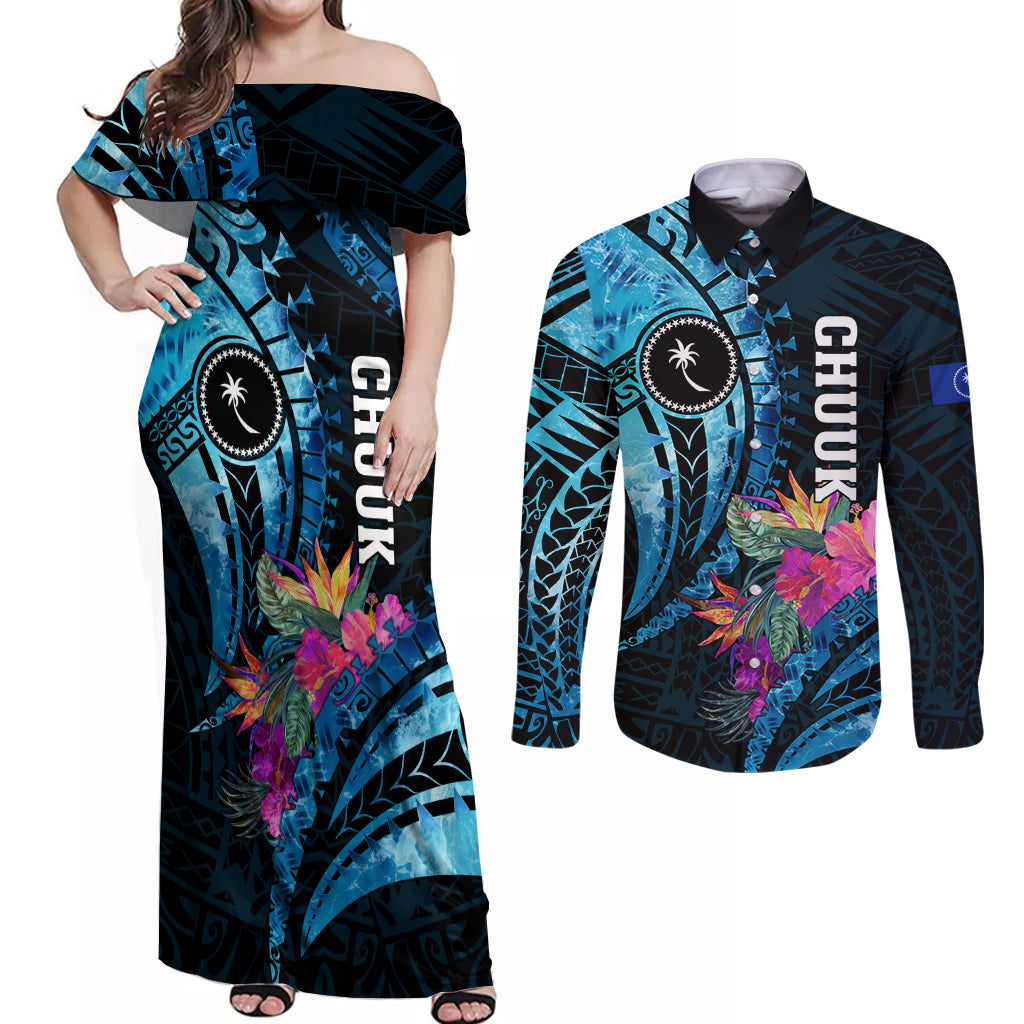 Personalised FSM Chuuk State Couples Matching Off Shoulder Maxi Dress and Long Sleeve Button Shirt Tropical Flowers Tribal Pattern LT05 Blue - Polynesian Pride