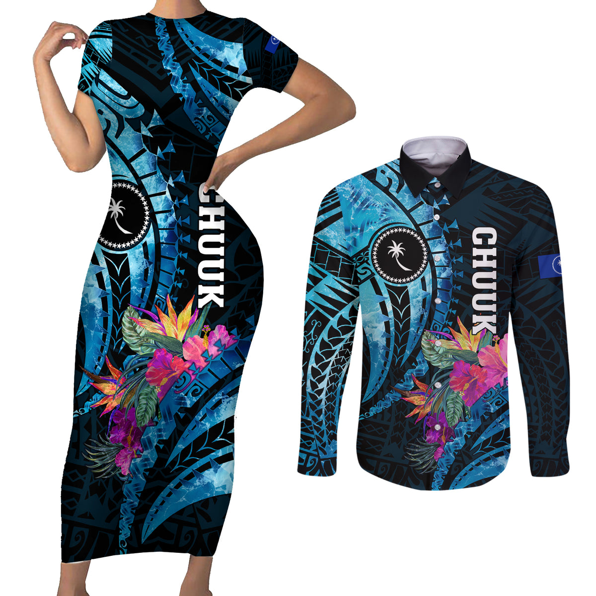 Personalised FSM Chuuk State Couples Matching Short Sleeve Bodycon Dress and Long Sleeve Button Shirt Tropical Flowers Tribal Pattern LT05 Blue - Polynesian Pride