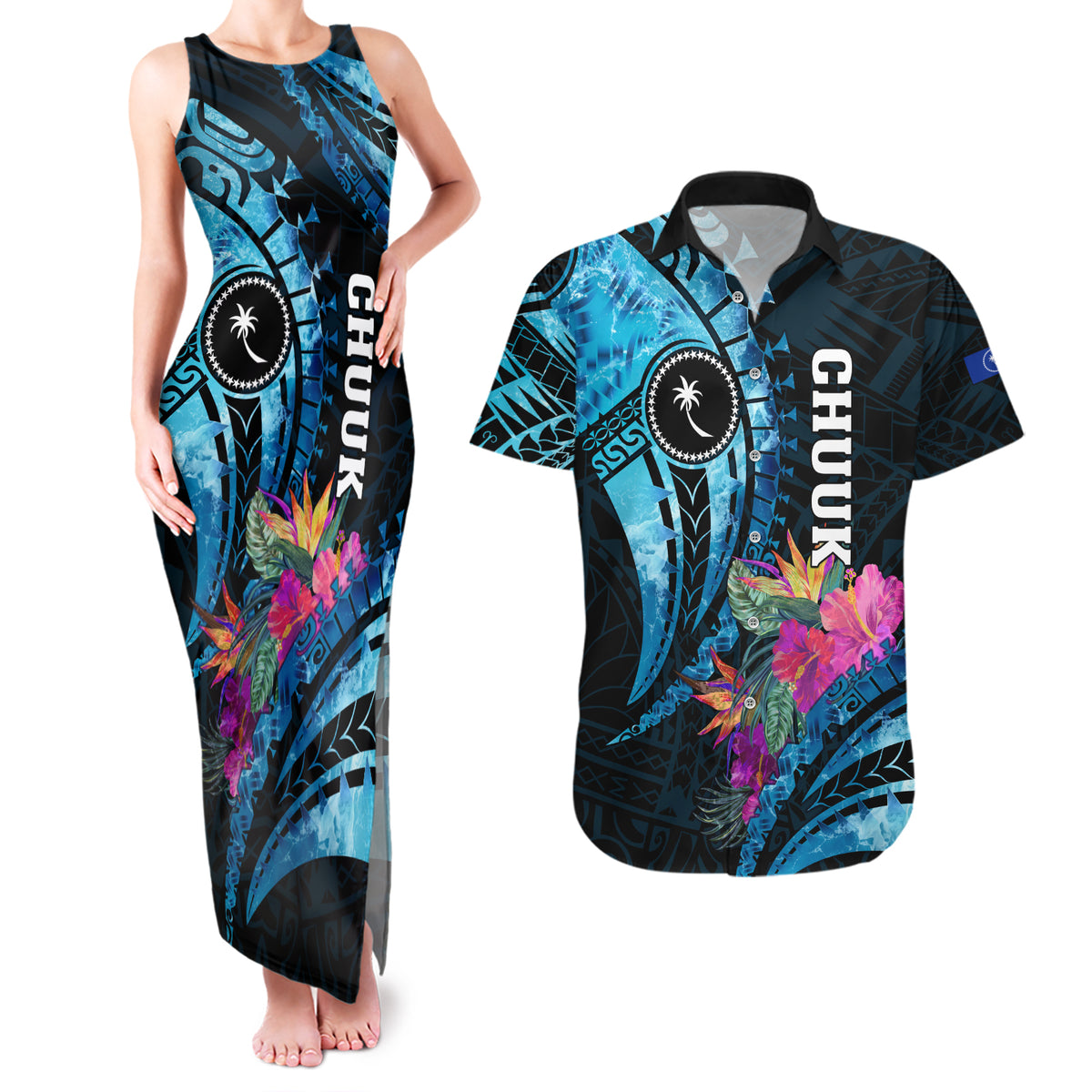Personalised FSM Chuuk State Couples Matching Tank Maxi Dress and Hawaiian Shirt Tropical Flowers Tribal Pattern LT05 Blue - Polynesian Pride
