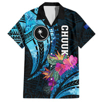 Personalised FSM Chuuk State Family Matching Off Shoulder Short Dress and Hawaiian Shirt Tropical Flowers Tribal Pattern LT05 Dad's Shirt - Short Sleeve Blue - Polynesian Pride