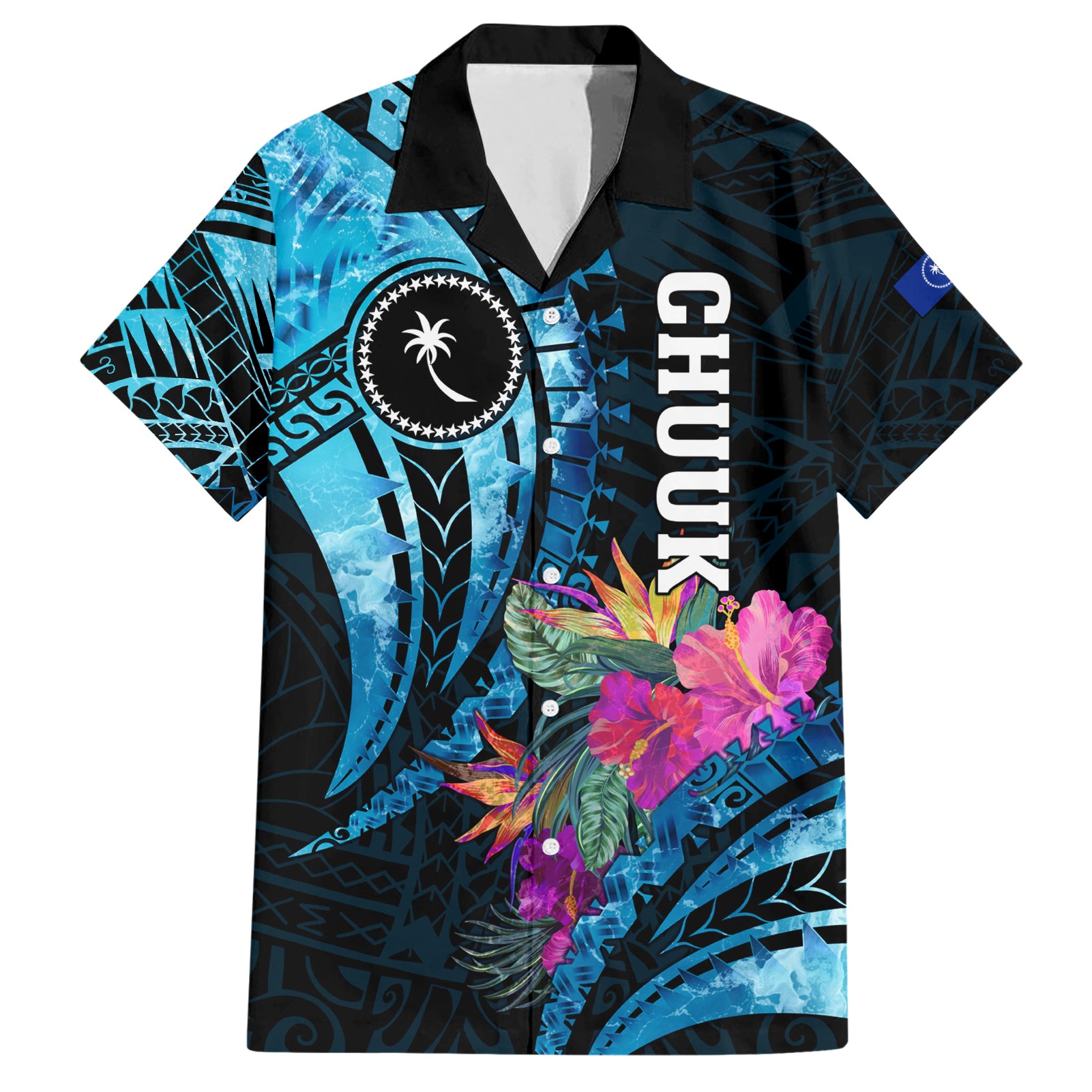 Personalised FSM Chuuk State Hawaiian Shirt Tropical Flowers Tribal Pattern LT05 Blue - Polynesian Pride