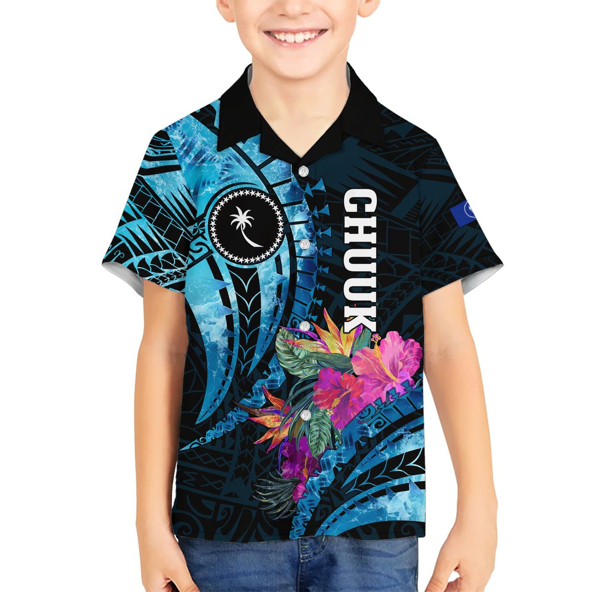 Personalised FSM Chuuk State Kid Hawaiian Shirt Tropical Flowers Tribal Pattern LT05 Kid Blue - Polynesian Pride