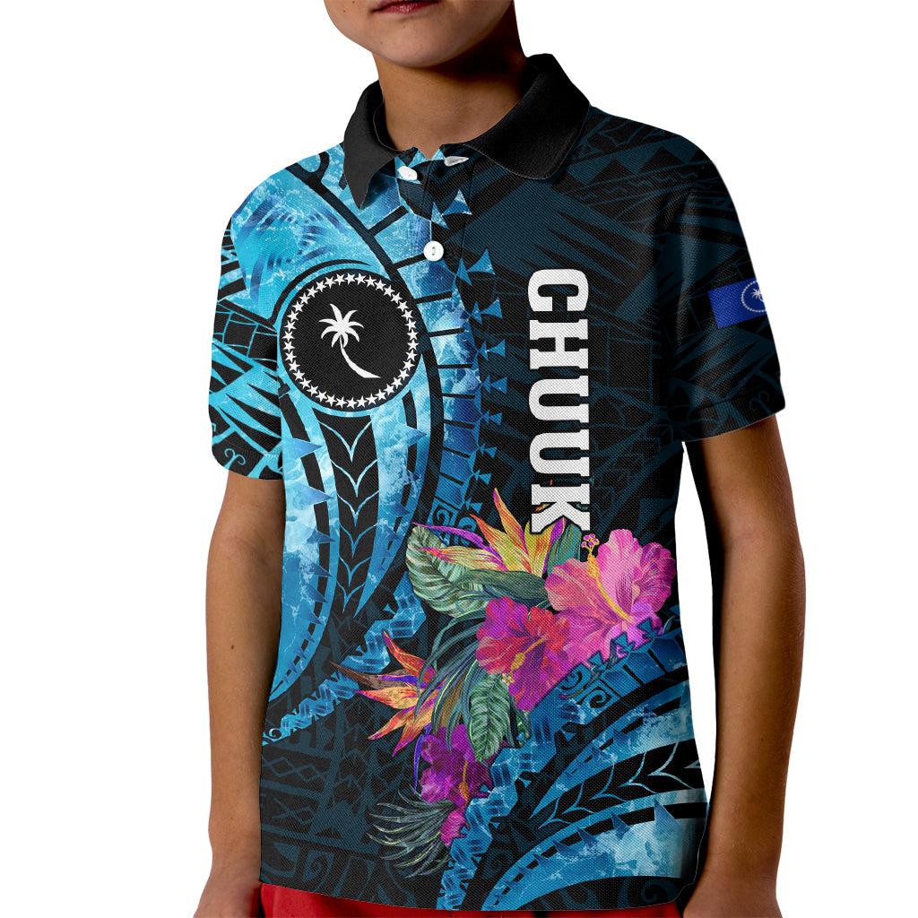 Personalised FSM Chuuk State Kid Polo Shirt Tropical Flowers Tribal Pattern LT05 Kid Blue - Polynesian Pride