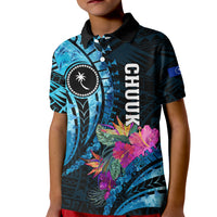 Personalised FSM Chuuk State Kid Polo Shirt Tropical Flowers Tribal Pattern LT05 Kid Blue - Polynesian Pride