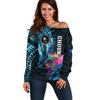 Personalised FSM Chuuk State Off Shoulder Sweater Tropical Flowers Tribal Pattern LT05 Women Blue - Polynesian Pride