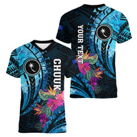 Personalised FSM Chuuk State Women V Neck T Shirt Tropical Flowers Tribal Pattern LT05 - Polynesian Pride