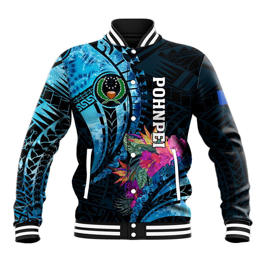 Personalised FSM Pohnpei State Baseball Jacket Tropical Flowers Tribal Pattern LT05 Unisex Blue - Polynesian Pride