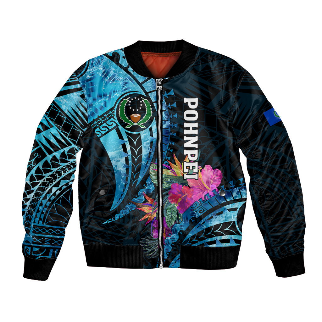 Personalised FSM Pohnpei State Bomber Jacket Tropical Flowers Tribal Pattern LT05 Unisex Blue - Polynesian Pride