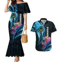 Personalised FSM Pohnpei State Couples Matching Mermaid Dress and Hawaiian Shirt Tropical Flowers Tribal Pattern LT05 Blue - Polynesian Pride